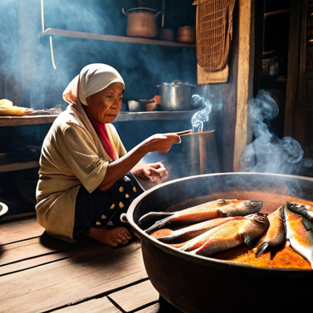 A nostalgic scene: A simple wooden kitchen in Malaysia, filled with smoke, focusing on a grandmother (nenek) smoking fish using a traditional wood-fired setup. The aroma of smoked fish fills the air, with children curiously watching. Warm lighting, authentic Malaysian cooking tools.