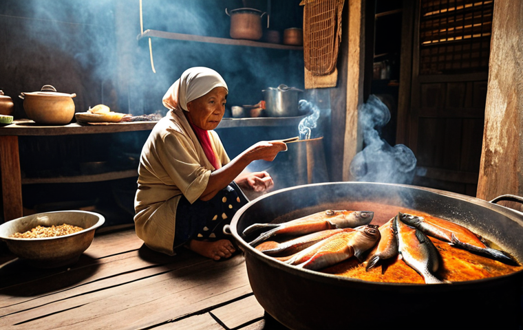A nostalgic scene: A simple wooden kitchen in Malaysia, filled with smoke, focusing on a grandmother (nenek) smoking fish using a traditional wood-fired setup. The aroma of smoked fish fills the air, with children curiously watching. Warm lighting, authentic Malaysian cooking tools.