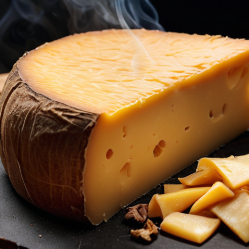 **Image:** Close-up of smoked cheese with a delicate, smoky hue. The cheese maintains its soft texture. Background: A cold smoker setup with oak or apple wood chips smoldering gently.