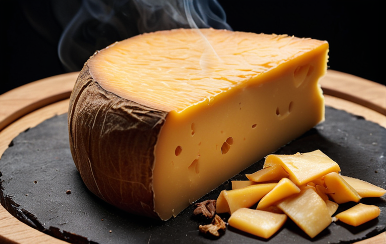 **Image:** Close-up of smoked cheese with a delicate, smoky hue. The cheese maintains its soft texture. Background: A cold smoker setup with oak or apple wood chips smoldering gently.