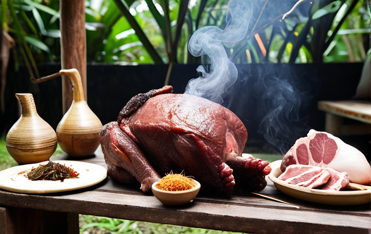 **
"Close-up of various raw meat cuts (beef brisket, lamb shoulder, duck, whole chicken) and a selection of Malaysian smoking woods (rambutan, rubber, mangrove, tamarind) arranged in a rustic, traditional outdoor smoking setup. Soft smoke subtly rises in the background. Emphasize rich textures, natural light, and an inviting, authentic atmosphere."
**