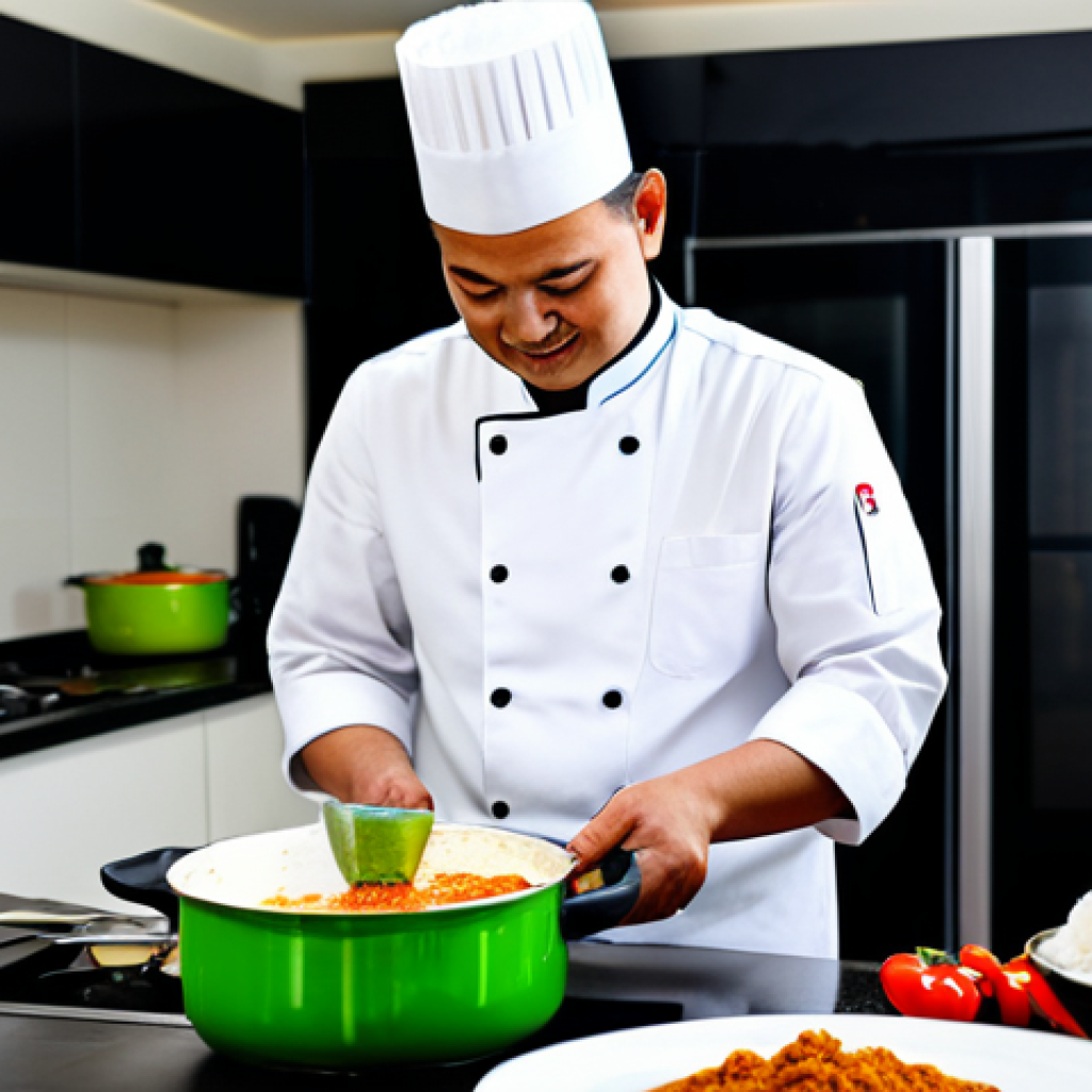 A professional Malaysian chef in a clean and modern kitchen, preparing a traditional *rendang* dish. The chef is fully clothed in a chef's uniform, with a bright and inviting kitchen background. Focus on the vibrant colors of the ingredients and the steaming pot. Safe for work, appropriate content, family-friendly, perfect anatomy, professional food photography.
