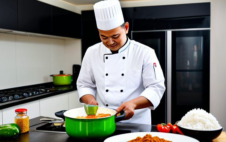 A professional Malaysian chef in a clean and modern kitchen, preparing a traditional *rendang* dish. The chef is fully clothed in a chef's uniform, with a bright and inviting kitchen background. Focus on the vibrant colors of the ingredients and the steaming pot. Safe for work, appropriate content, family-friendly, perfect anatomy, professional food photography.