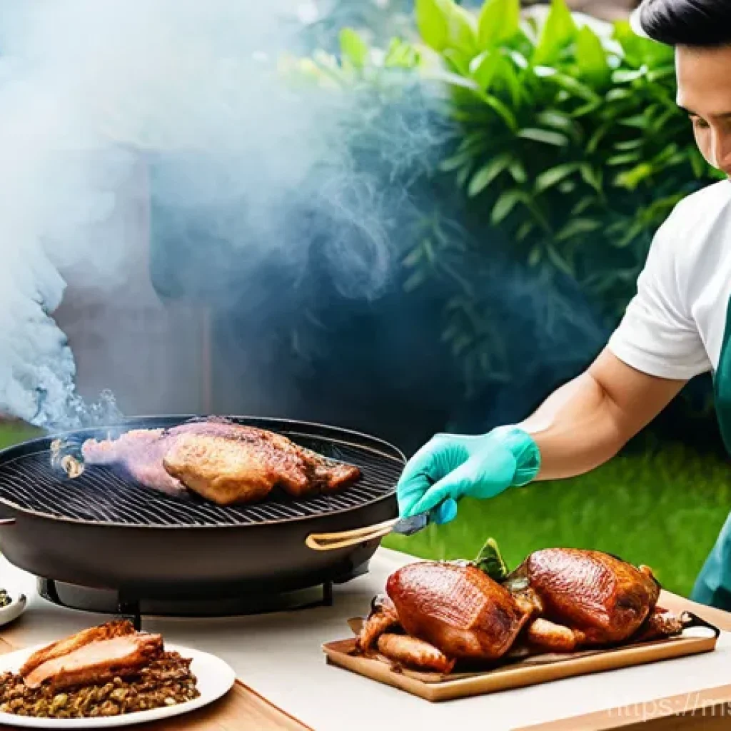 훈제 기법의 장비 및 기기 선택 - **"A vibrant backyard gathering in Malaysia, with friends and family happily enjoying a smoked meat ...