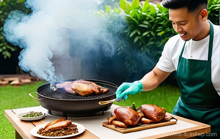 훈제 기법의 장비 및 기기 선택 - **"A vibrant backyard gathering in Malaysia, with friends and family happily enjoying a smoked meat ...
