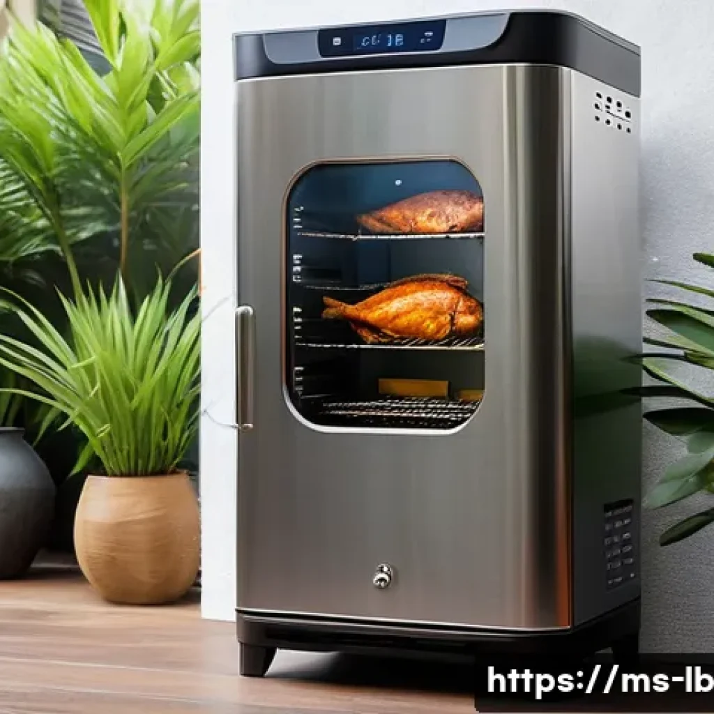 가정용 훈제기 선택 가이드 - A modern electric smoker in a cozy Malaysian home patio setting, featuring a sleek stainless steel d...