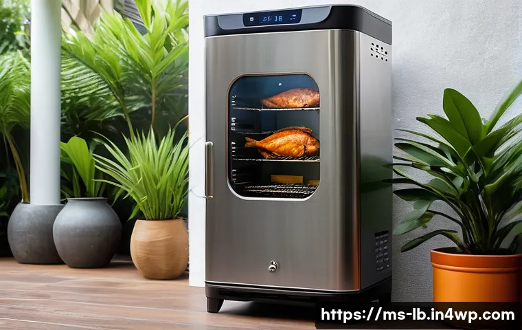 가정용 훈제기 선택 가이드 - A modern electric smoker in a cozy Malaysian home patio setting, featuring a sleek stainless steel d...