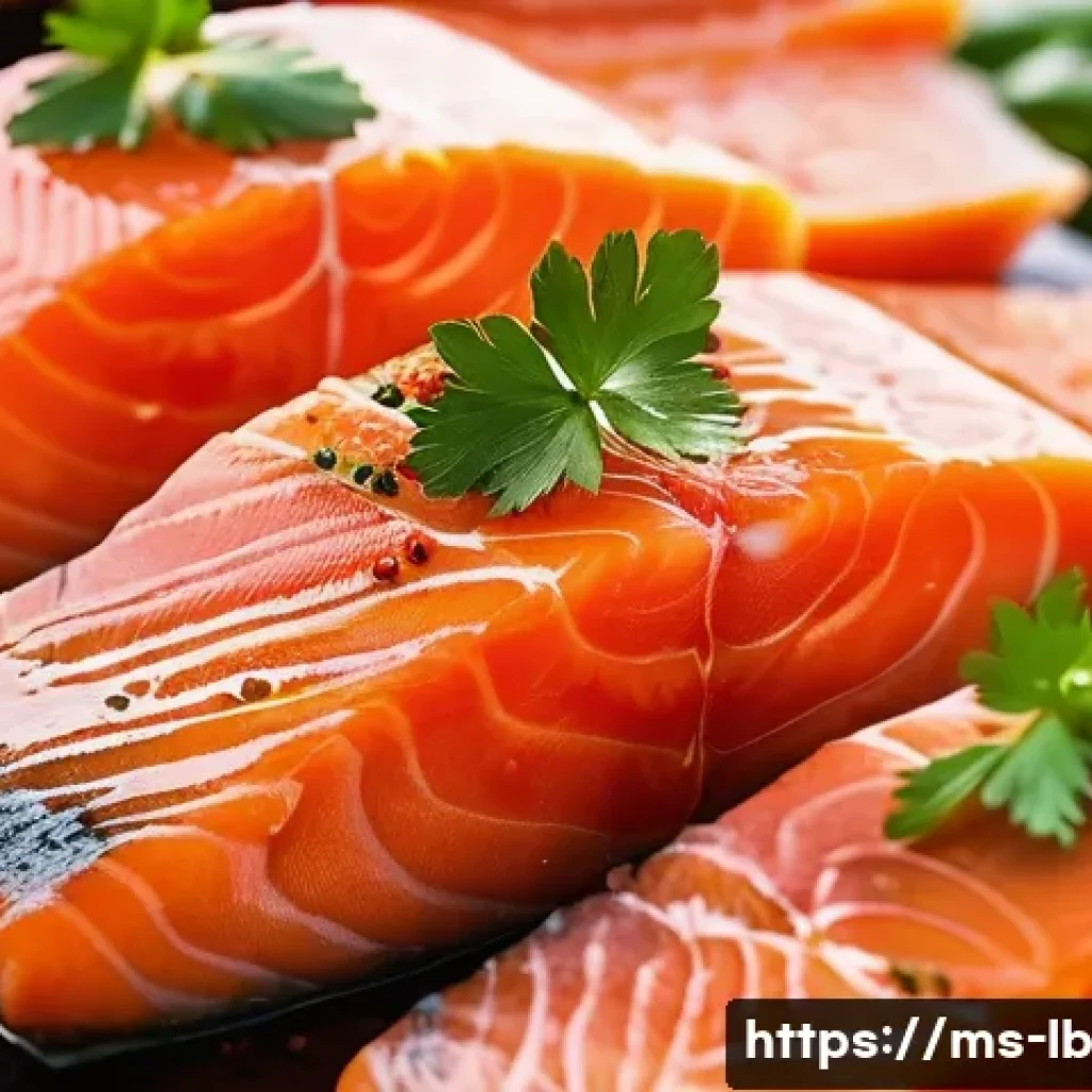 훈제 기법으로 즐기는 훈제 연어 - A vibrant close-up of fresh Atlantic salmon fillets on a traditional Malaysian market stall, showcas...