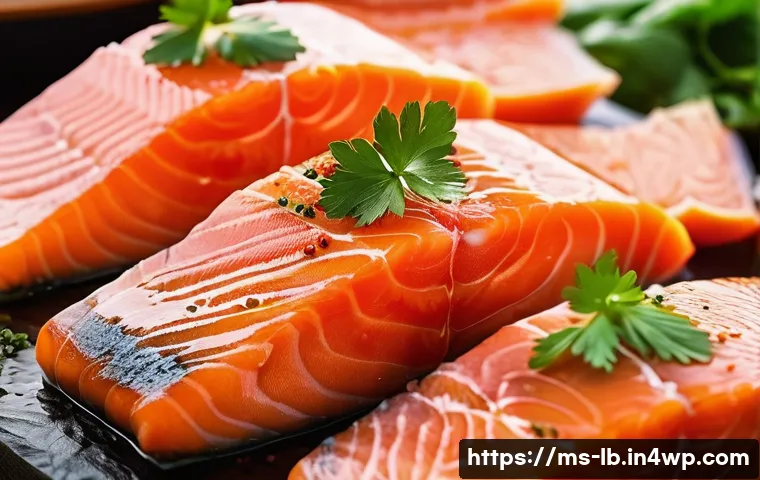 훈제 기법으로 즐기는 훈제 연어 - A vibrant close-up of fresh Atlantic salmon fillets on a traditional Malaysian market stall, showcas...