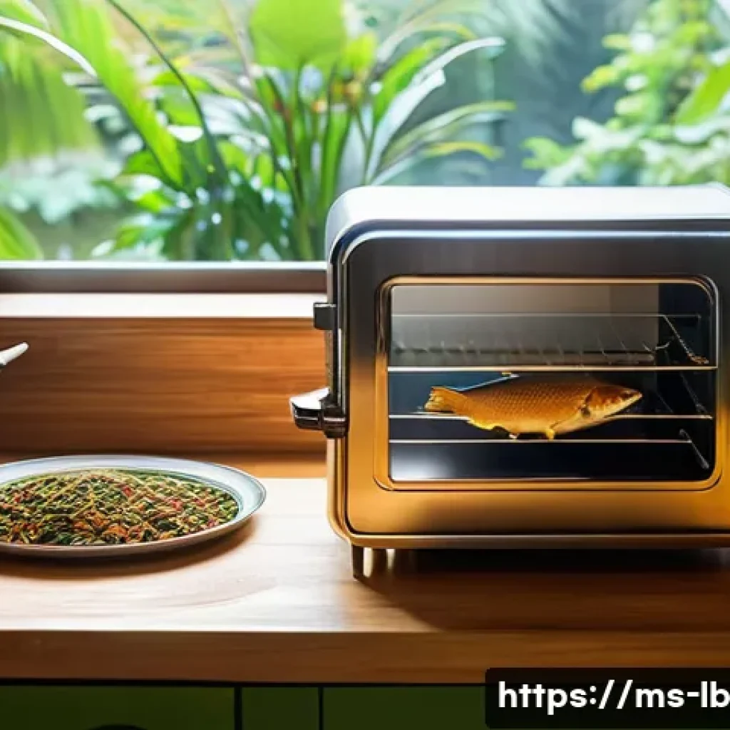 가정용 훈제기와 상업용 훈제기의 차이점 - A compact, portable home smoker placed on a wooden kitchen countertop in a cozy Malaysian home setti...