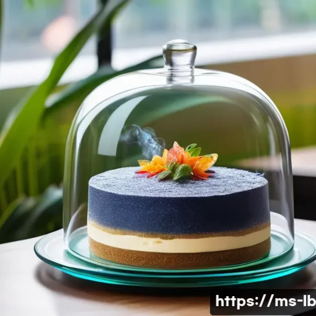 훈제 기법으로 만드는 디저트 - A sophisticated dessert presentation featuring a traditional Malaysian kuih lapis layered cake light...