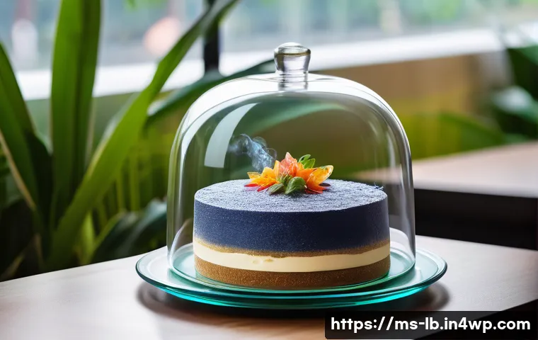 훈제 기법으로 만드는 디저트 - A sophisticated dessert presentation featuring a traditional Malaysian kuih lapis layered cake light...
