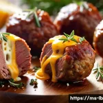 Home 21 훈제 기법으로 만드는 고기 치즈볼 - A close-up, high-resolution image of perfectly smoked meat and cheese balls, showcasing juicy, tende...