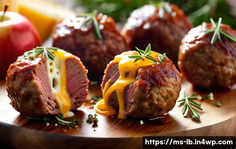훈제 기법으로 만드는 고기 치즈볼 - A close-up, high-resolution image of perfectly smoked meat and cheese balls, showcasing juicy, tende...
