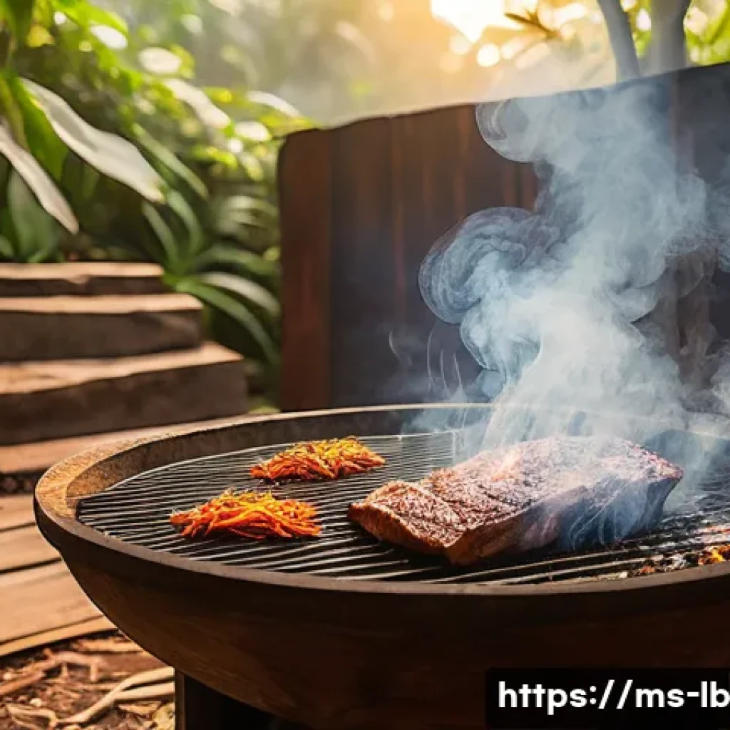 훈제 기법을 활용한 요리 대회 준비하기 - A rustic traditional smoking setup outdoors in a Malaysian village setting, featuring a wooden smoke...