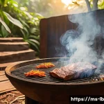 Home 20 훈제 기법을 활용한 요리 대회 준비하기 - A rustic traditional smoking setup outdoors in a Malaysian village setting, featuring a wooden smoke...