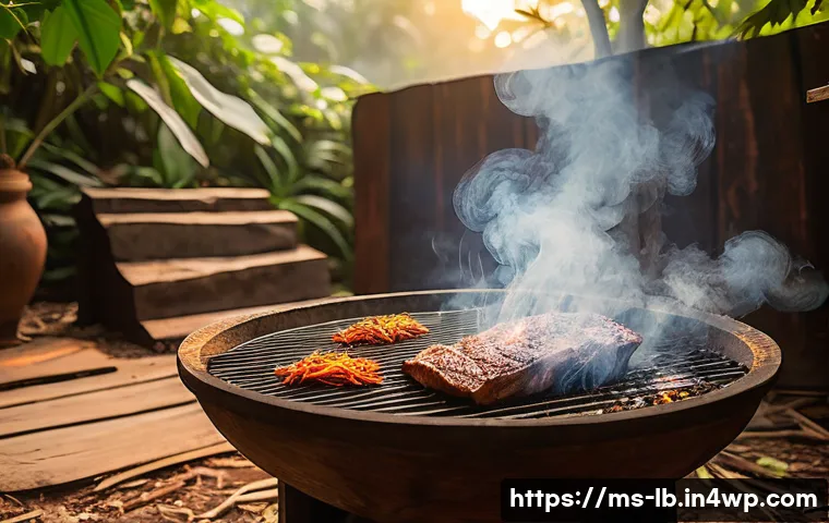 훈제 기법을 활용한 요리 대회 준비하기 - A rustic traditional smoking setup outdoors in a Malaysian village setting, featuring a wooden smoke...