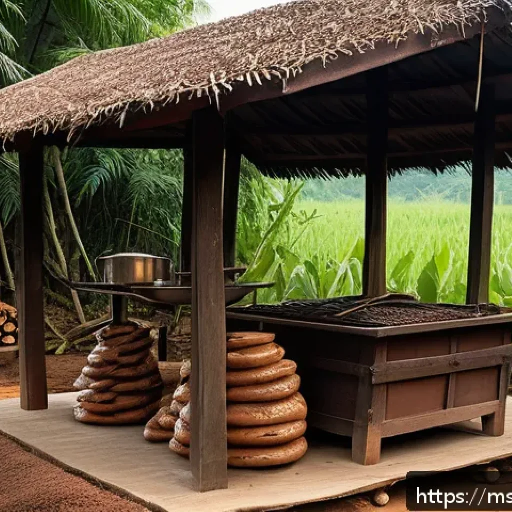 훈제 기법의 비밀을 알아보자 - A traditional Malaysian smokehouse scene at dusk, featuring a rustic clay and iron smoker with a woo...