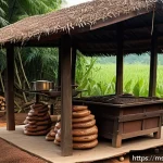 Home 19 훈제 기법의 비밀을 알아보자 - A traditional Malaysian smokehouse scene at dusk, featuring a rustic clay and iron smoker with a woo...