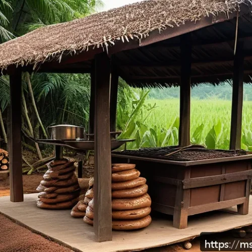 Home 31 훈제 기법의 비밀을 알아보자 - A traditional Malaysian smokehouse scene at dusk, featuring a rustic clay and iron smoker with a woo...