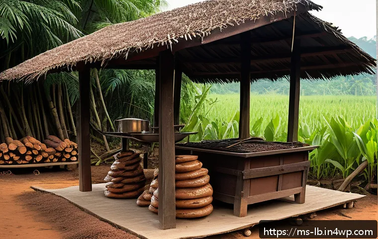 훈제 기법의 비밀을 알아보자 - A traditional Malaysian smokehouse scene at dusk, featuring a rustic clay and iron smoker with a woo...
