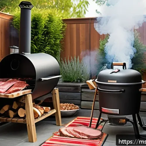 Home 30 훈제 기법의 기본 원칙 - A cozy backyard scene featuring a traditional electric smoker with a variety of fresh raw meats like...