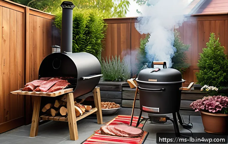 훈제 기법의 기본 원칙 - A cozy backyard scene featuring a traditional electric smoker with a variety of fresh raw meats like...