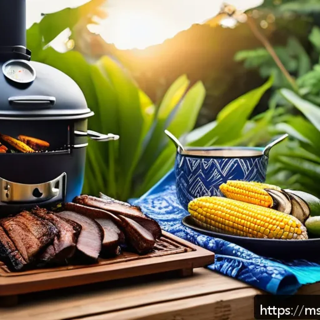 훈제 기법으로 새로운 맛 찾기 - A cozy outdoor backyard scene featuring a traditional Malaysian-style mini smoker setup with a varie...