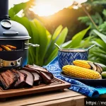 Home 23 훈제 기법으로 새로운 맛 찾기 - A cozy outdoor backyard scene featuring a traditional Malaysian-style mini smoker setup with a varie...