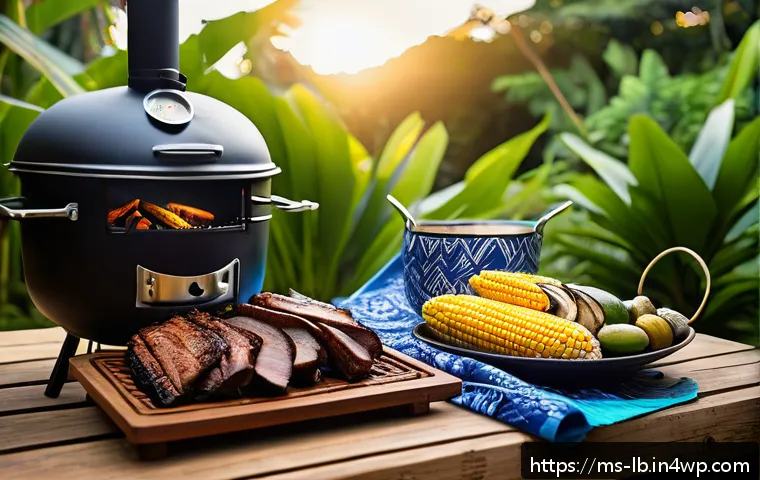 훈제 기법으로 새로운 맛 찾기 - A cozy outdoor backyard scene featuring a traditional Malaysian-style mini smoker setup with a varie...