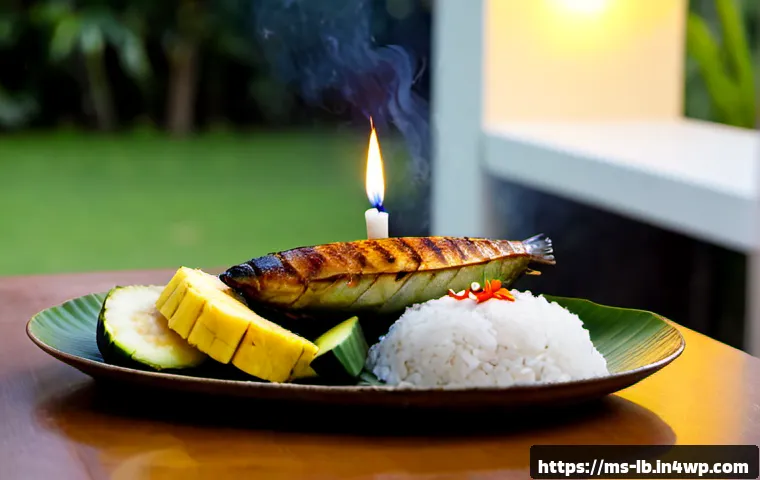 Home 17 훈제 기법으로 만든 특별한 생일 요리 - Photorealistic Malaysian birthday dinner centerpiece, glossy smoked barramundi fillet on a banana-le...