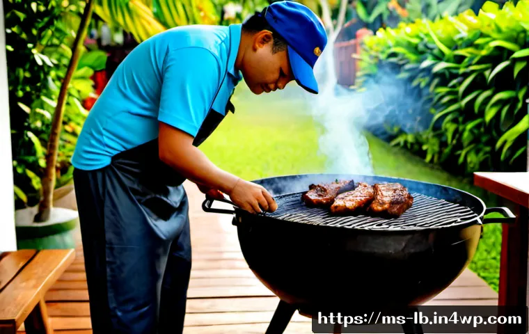 Home 17 훈제 기법으로 만드는 완벽한 고기 - Photorealistic Malaysian backyard barbecue scene, a Malay pitmaster in modest casual clothing carefu...
