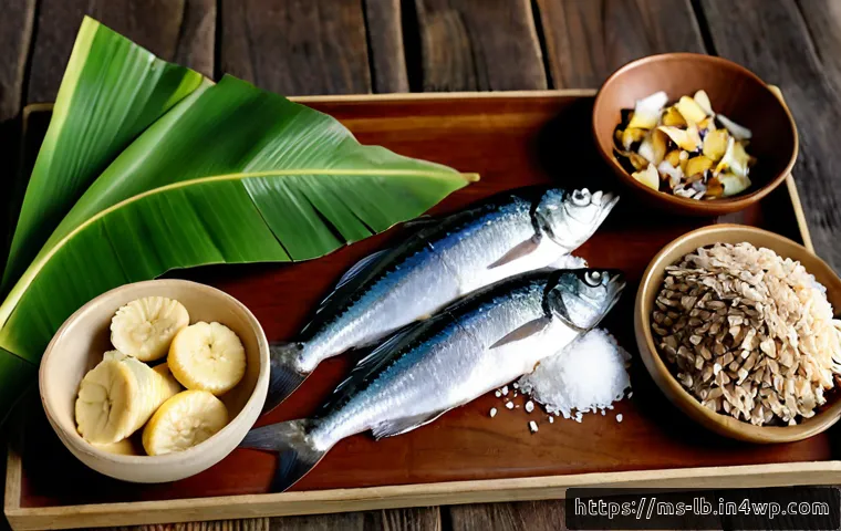 Home 17 훈제 기법의 재료 선택 법 - Photorealistic overhead still life of fresh Malaysian smoking ingredients arranged neatly on a rusti...