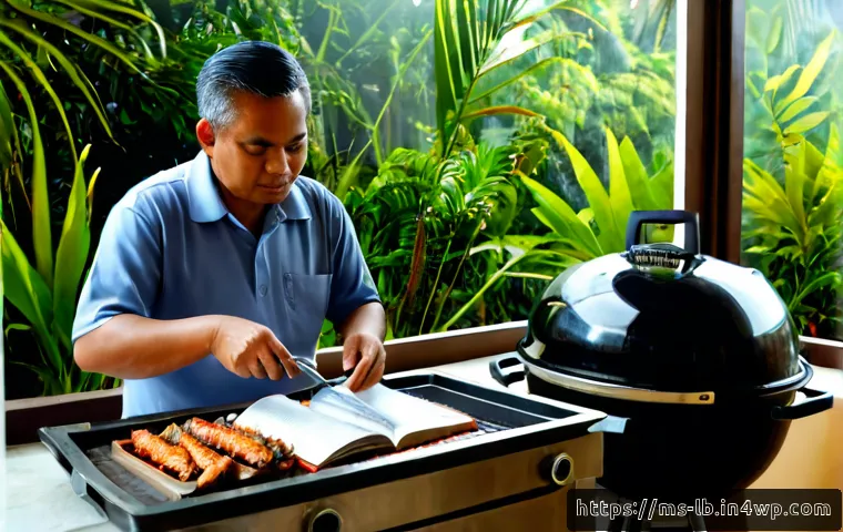 Home 17 훈제 기법을 배우기 위한 추천 서적 - Photorealistic Malaysian home kitchen scene, a middle-aged Malay man in modest casual clothing study...